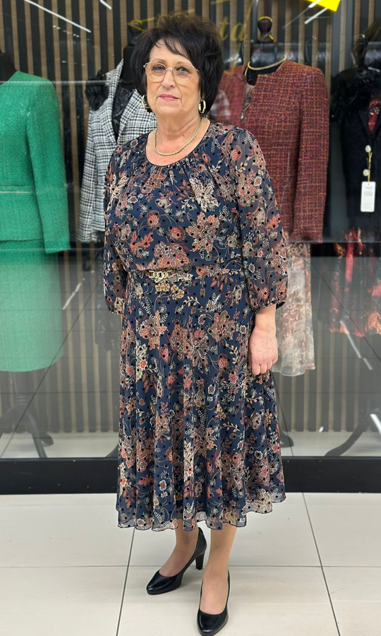 Sukienka szyfonowa bluzowana granat flok 42-52