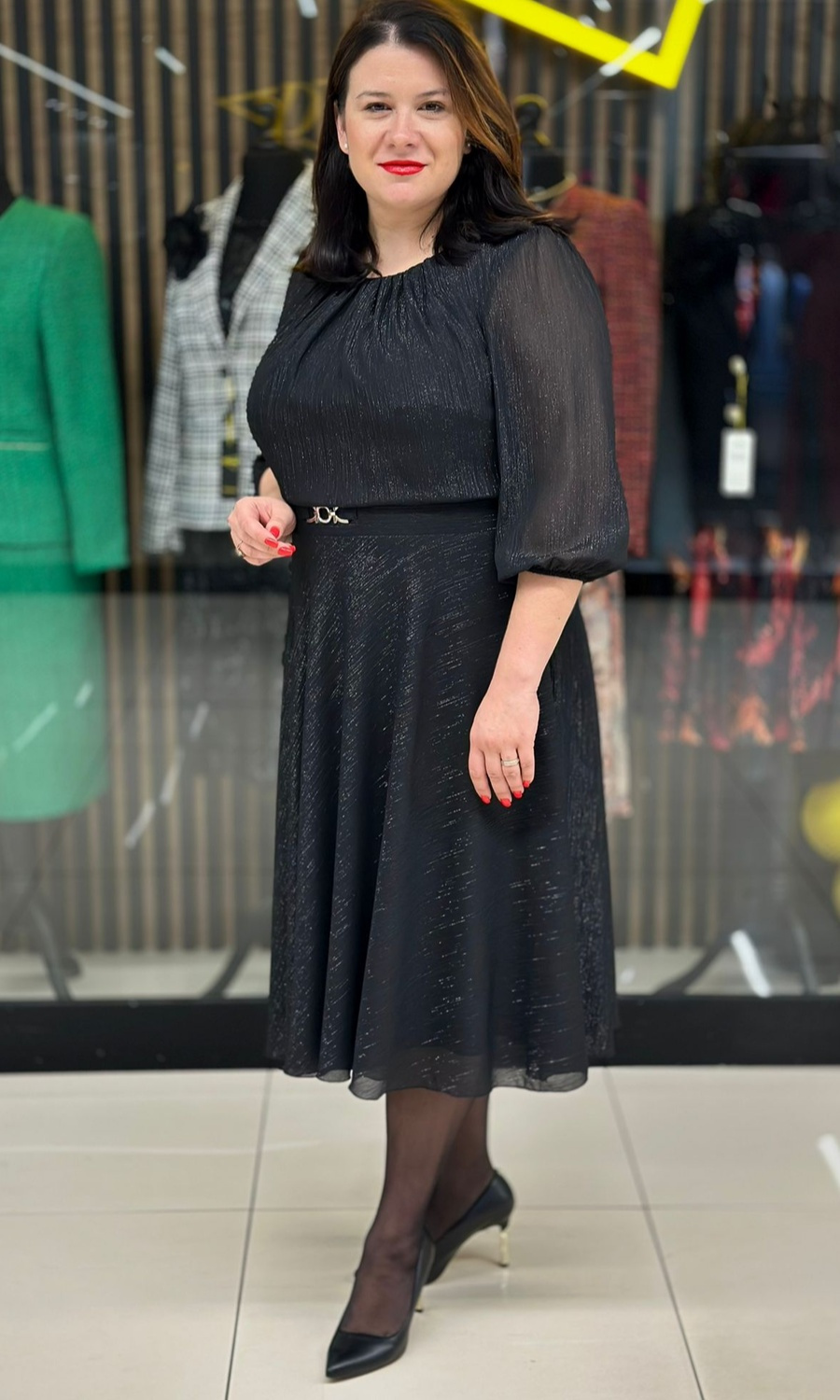 Sukienka szyfonowa bluzowana czarna błysk 42-52