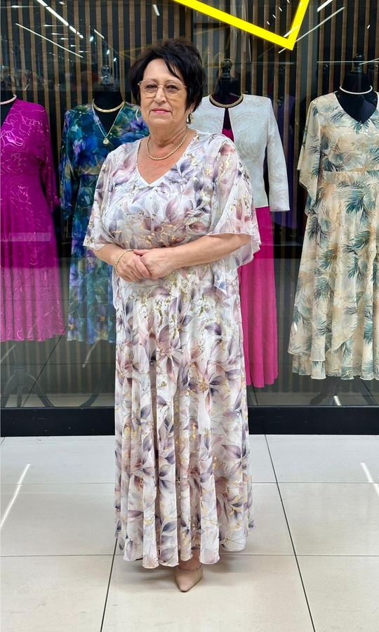 Sukienka z szyfonu maxi kwiat lila złoto 42-52